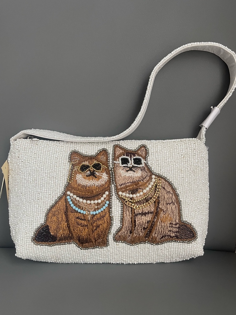 Studio 12 Beaded Cat Shoulder Bag White Novelty Flapper Chic Purrfect